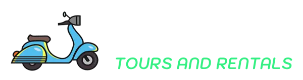 Scoots scooter tours and rentals logo with blue scooter vector